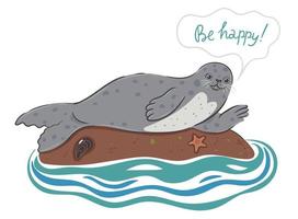 Postcard with a cute seal and an inscription. Vector graphics.