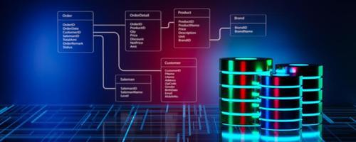Panoramic view of multiple database with Relational database tables background. Concept of database server, SQL, data storage, Data center, Webhosting. 3D illustration. photo