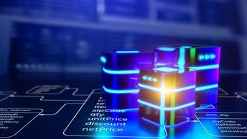 la base de datos múltiple se coloca en tablas de bases de datos relacionales con la sala de servidores y el fondo del centro de datos. concepto de servidor de base de datos, sql, almacenamiento de datos, diseño de diagrama de base de datos. ilustración 3d foto