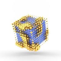 Abstract digital golden cube and moving elements with white background. Concept of information technology, OLAP database cube, Database, Data analysis, Data mining. 3D rendering photo