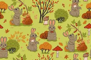 Seamless pattern with rabbits in the autumn forest. Vector graphics.