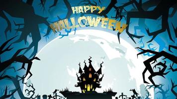 Halloween night background with pumpkin, haunted house, castle and full moon. Flyer or invitation template for banner, party, Invitation . Vector illustration with place for your Text  copy space