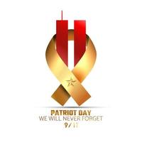 9 11 día conmemorativo 11 de septiembre día del patriota nyc world trade center. nunca olvidaremos, los ataques terroristas del 11 de septiembre. centro de comercio mundial con cinta dorada vector