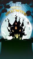 Halloween night background with pumpkin, haunted house, castle and full moon. Flyer or invitation template for banner, party, Invitation . Vector illustration with place for your Text and copy space