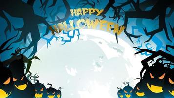 fondo de noche de halloween con calabaza, casa embrujada, castillo y luna llena. volante o plantilla de invitación para banner, fiesta, invitación. ilustración vectorial con lugar para el texto y el espacio de copia vector