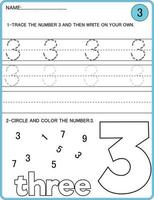 Tracing numbers activity. Trace the number 3 Educational children game, printable worksheet vector