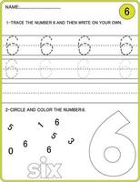 Tracing numbers activity. Trace the number 6 Educational children game, printable worksheet vector