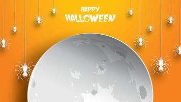 Halloween background with spider and moon in paper art carving style. banner, poster, Flyer or invitation template party. Vector illustration.