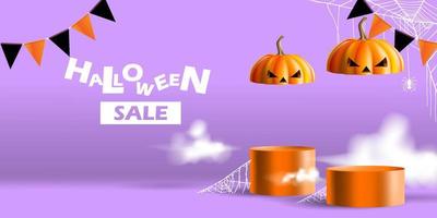 Stand or podium sale with halloween concept. Simple stage for product promo with halloween pumpkins vector