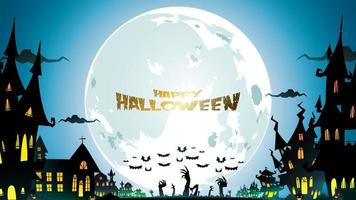 Halloween night background with pumpkin, haunted house, castle and full moon. Flyer or invitation template for banner, party, Invitation . Vector illustration with place for your Text  copy space