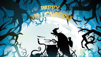 Spooky night background with full moon, scary trees and forest silhouettes. Halloween banner with copy space for greetings,for text promo or invitation to a party. Vector illustration