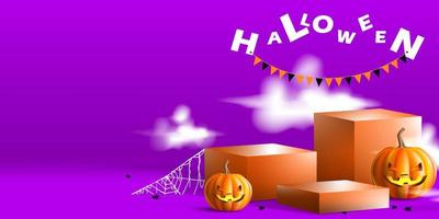 Geometric podium for product with halloween concept. Halloween stage with pumpkin and and mystical smoke