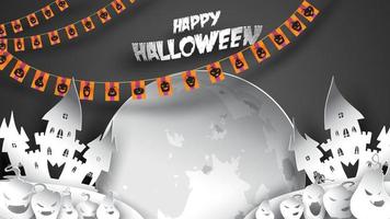 fondo de halloween con calabaza, casa embrujada y luna llena en estilo tallado en papel. fiesta de plantilla de pancarta, afiche, volante o invitación. ilustración vectorial vector