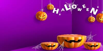 Stand and podium with halloween concept. Simple stage for product with halloween pumpkins in purple background vector