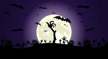 zombie hand in front of full moon with scary illustrated elements for Halloween background layouts vector