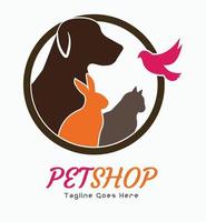 logotipo de tienda de mascotas con perro conejo gato pájaros ilustración vectorial forma circular plantilla de logotipo de tienda de mascotas vector