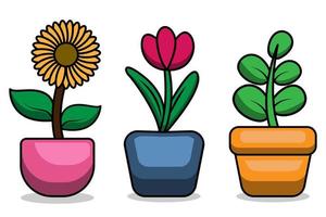 sunflowers, tulips and leaf plants in pots with cute vector design