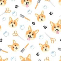 herramientas de aseo y patrón sin costuras de cabeza de corgi sobre fondo blanco vector