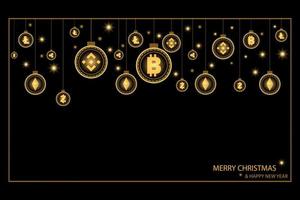 Christmas and New year concept. Golden bauble ball hanging by shiny cryptocurrency coin on black background. vector