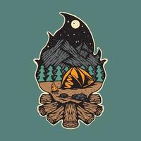 Original vector illustration in vintage style. Vintage camping the background of mountain. Illustration tee print design