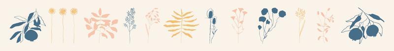 Set of minimalistic silhouette of branches with flowers. Organic plant illustration icon. Sketch of summer and autumn berries in boho style. Vector art type drawing. Vector illustration