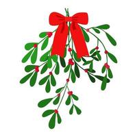 Christmas mistletoe with red bow and berries. Vector illustration. Isolated on white background.