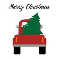 Vector red truck with christmas tree. Isolated on white background.