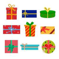 Set of Christmas Holiday gift boxes with ribbon and bow in flat style. Vector illustration. Isolated on white background.