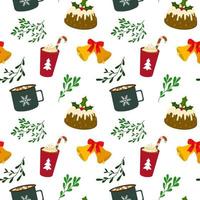 Winter holidays elements. Coffee cup with cream and candy cane, cocoa mug with marshmallows, bells, cake. Vector seamless pattern. Isolated on white background.