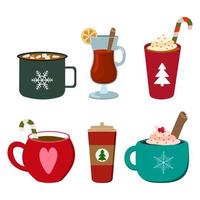 Holiday hot winter drinks set. Coffee cups with cream, mugs with marshmallow, mulled wine. Vector illustration. Isolated on white background.
