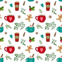 Hot winter drinks in mugs and cup, cute gingerbread man, mistletoe, spruce, holly branches. Autumn or winter holidays. Isolated on white background. Christmas invitation design template. vector