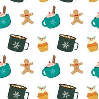 Winter holidays drink. Coffee mug with cream, cocoa mug with marshmallows, gingerbread man, cupcake. Vector seamless pattern. Isolated on white background.