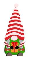 Cartoon Christmas gnome girl in striped hat holding present with bow clipart. Vector illustration. Isolated on white background. Christmas and Happy New Year illustration. Holiday design template.