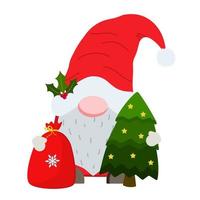 Cartoon Christmas gnome in red hat holding bag and tree clipart. Vector illustration. Isolated on white background. Christmas and Happy New Year illustration. Trendy design template.