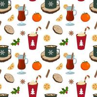 Hot winter Christmas drink. Coffee with cream, cocoa with marshmallow, mulled wine. Vector seamless pattern. Isolated on white background. Wrapping paper, greeting cards, textile design.