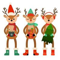 navidad y año nuevo grupo de lindos renos con árbol de navidad, regalos, bebida caliente con bastón de caramelo. ilustración vectorial aislado sobre fondo blanco. vector
