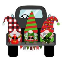 Holiday winter Christmas gnomes with red sack, gift box, Christmas tree on black truck. Vector illustration. Isolated on white background.