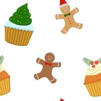 Christmas cupcakes and gingerbread man cookies with cream vector seamless pattern. Isolated on white background. Perfect for invitations, cards, wrapping paper.