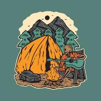 Original vector illustration in vintage style. Vintage camping the background of mountain. Man play guitar concept. Illustration tee print design