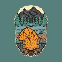 Original vector illustration in vintage style. Vintage camping the background of mountain. Illustration tee print design