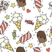 vector illustration, seamless pattern. Cute ice cream doodles, flat, cartoon. vector pattern on a white background with ice cream and sweets for children, the concept of summer, beach vacation.