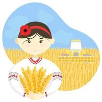 Vector Illustration With a Field Of Wheat, Harvester and a Girl in a Traditional Ukrainian Clothing. In Colors of Flag of Ukraine