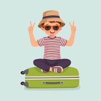 cute little boy wear hat and sun glasses sitting on suitcase excited going for travelling on summer vacation vector