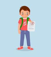 cute little boy feeling sad get bad mark test paper result in exam with low grade score vector