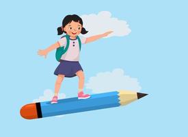 cute little girl with backpack standing riding on big flying pencil going to school vector