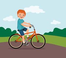 niño feliz montando en bicicleta divirtiéndose en el parque en un día soleado vector