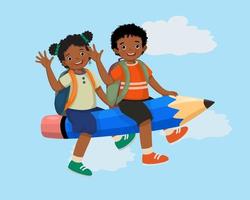 Happy little African school kids boy and girl with backpack holding books riding flying pencil go to school vector