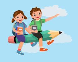 Happy little school kids boy and girl with backpack holding books riding flying pencil go to school vector