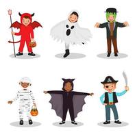 cute kids wear Halloween costumes for trick or treat carnival party. Include ghost, Frankenstein, bat, pirate, mummy and devil holding pumpkin bag with sweet candy