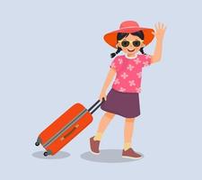 linda niña usa sombrero y gafas de sol tirando de la maleta y saludando con la mano para viajar en vacaciones de verano vector